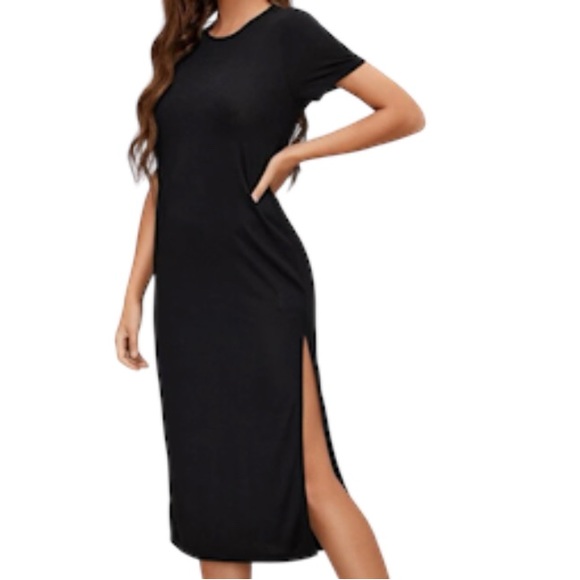 Black thigh high split midi tee dress - Picture 4 of 8